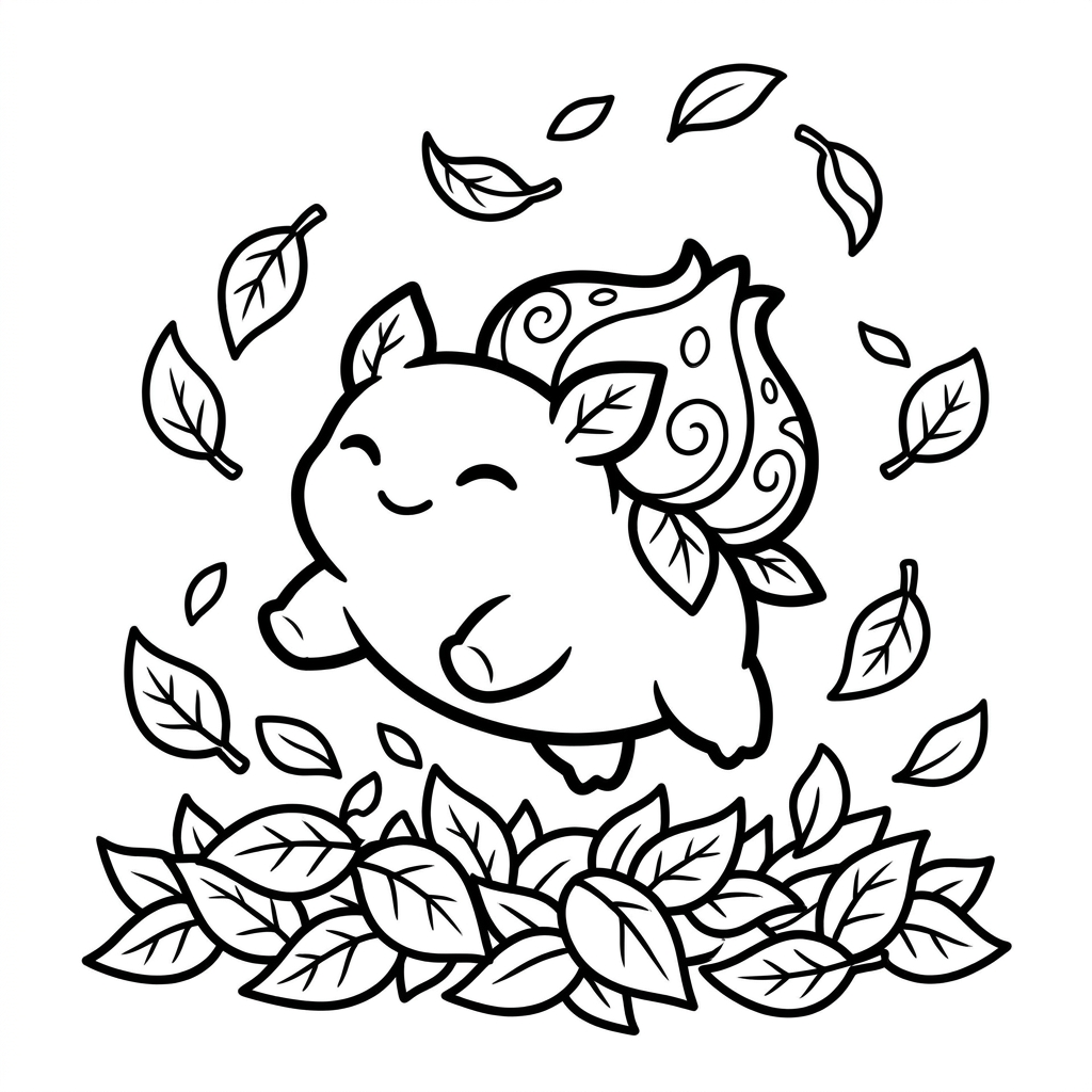 Bulbasaur coloring page jumping into a big pile of autumn leaves